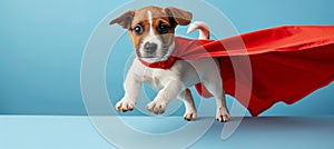 Superhero puppy in action funny dog in costume soaring through empty blue space