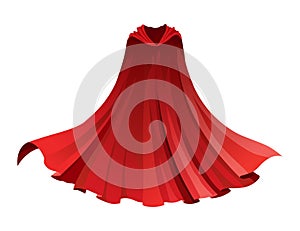 Superhero red cape in front view. Scarlet fabric silk cloak. Mantle costume or cover cartoon vector illustration