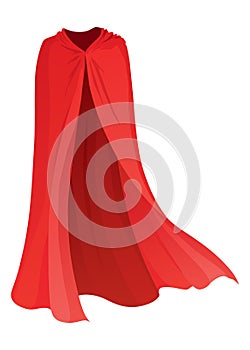 Superhero red cape in front view. Scarlet fabric silk cloak. Mantle costume or cover cartoon vector illustration