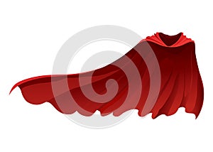 Superhero red cape in front view. Scarlet fabric silk cloak. Mantle costume or cover cartoon vector illustration