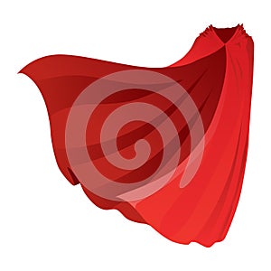 Superhero red cape in front view. Scarlet fabric silk cloak. Mantle costume or cover cartoon vector illustration