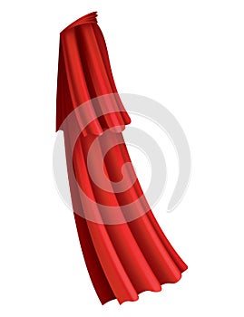 Superhero red cape in side view. Scarlet fabric silk cloak. Mantle costume or cover cartoon vector illustration