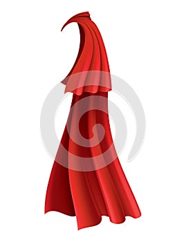 Superhero red cape in side view. Scarlet fabric silk cloak. Mantle costume or cover cartoon vector illustration