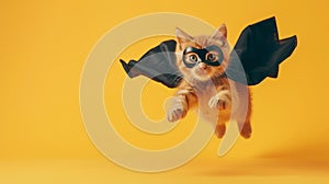 Superhero red kitten with a black cloak and mask jumping and flying on light blue background with copy space. The