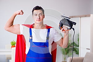 The superhero repairman with tools in repair concept