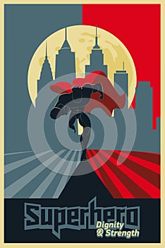 Superhero run from the city. Blue and red graphic poster.