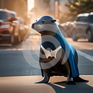 A superhero sea lion in a superhero costume, saving the day with superpowers5