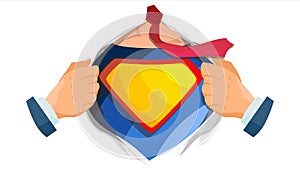 Superhero Sign Vector. Super Hero Open Shirt With Shield Badge. Place For Text. Isolated Flat Cartoon Comic Illustration