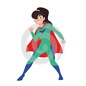 Superhero, superkid or supergirl. Cute girl with ponytail wearing bodysuit and cape. Confident and brave fantastic