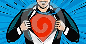 Superhero tearing shirt in style pop art comic book. Vector illustration