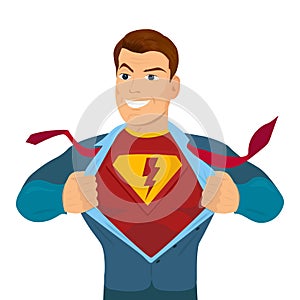 Superhero tearing shirt and wearing costume vector poster illustration