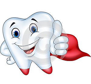 Superhero tooth cartoon with thumb up