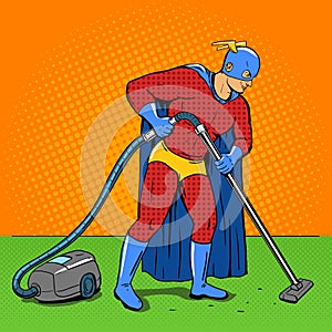 Superhero with vacuum cleaner pop art vector