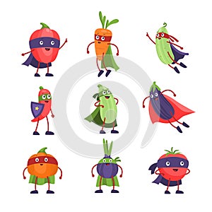 Superhero vegetables. Funny cartoon comic healthy vegetable, vegan characters with masks and capes, vegetarian winners
