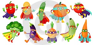 Superhero vegetables. Super cucumber, hero mask on pumpkin and vegetable food with superheroes cloak cartoon vector