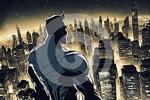 Superhero watching over the city from the roof of a tall building at night