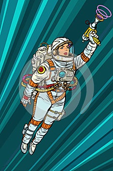 Superhero woman astronaut paratrooper with Blaster, science fict