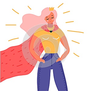Superhero woman illustration. Girls power concept. Vector illustration on white background in cartoon style