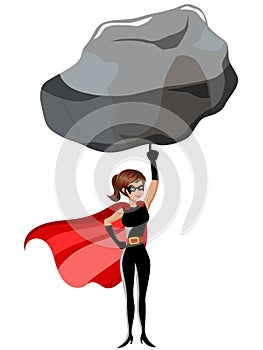 Superhero woman lifting large stone with finger isolated