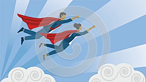 Superhero woman and man flying above the clouds. Vector illustration.