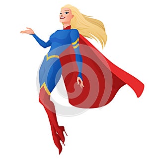 Superhero woman presenting. Cartoon vector illustration isolated on white background.