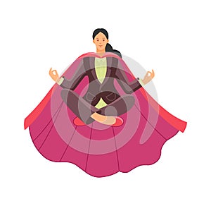 Superhero woman soars, relaxes, meditates in the air.