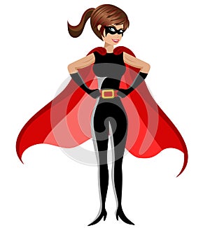 Superhero woman standing hands hips isolated