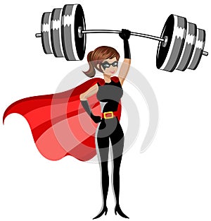 Superhero woman weightlifter lifting heavy weights above head isolated