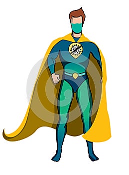 Superhero in yellow cape and protective face mask