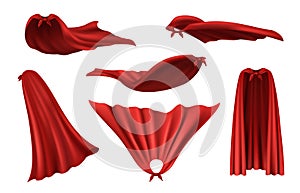 Superheroes cape. Red fashioned raincoat from silk textile clothes costumes with creases decent vector realistic