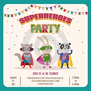 Superheroes. Card invitation with group of cute little animals