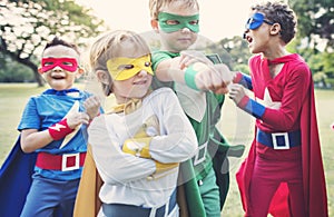 Superheroes Cheerful Kids Expressing Positivity