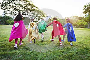 Superheroes Cheerful Kids Expressing Positivity