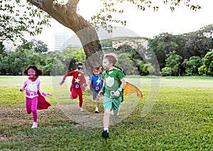 Superheroes Cheerful Kids Expressing Positivity Concept