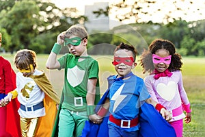 Superheroes Cheerful Kids Expressing Positivity Concept