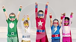 Superheroes Cheerful Kids Expressing Positivity Concept