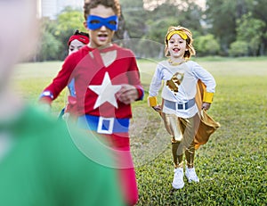 Superheroes Cheerful Kids Expressing Positivity Concept