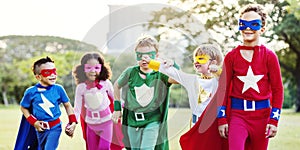 Superheroes Cheerful Kids Expressing Positivity Concept