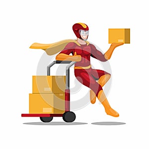 Superheroes courier with trolley package box shipping to customer. delivery service business mascot illustration vector