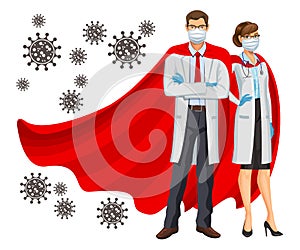 Superheroes Doctors. Female and male heroes doctors wearing red cloaks, protective gloves and mask. Protection against Caronavirus