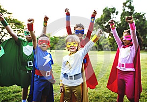 Superheroes Kids Friends Playing Togetherness Concept