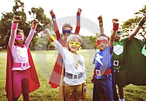 Superheroes Kids Friends Playing Togetherness Concept