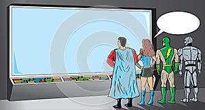 Superheroes looking at screen