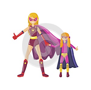 Superheroes mom stands holds daughter hand and shows class together