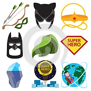 Superheroes set. Elements of costumes, superheroes items.