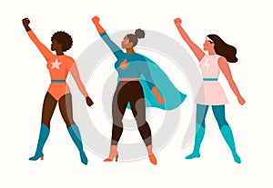 Superheroes women characters. Wonder female hero character in superhero costume with waving cloak disguise fitness female muscular