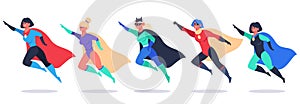 Superheroes women. Wonder female characters, super girls in superhero waving cloak costume, powerful woman superhero