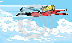 Superheroine flying in the clouds photo