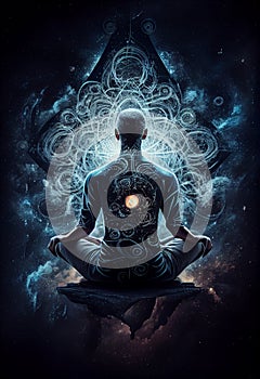 Superior being full of energy. Man Meditating in yoga lotus pose mental transformation