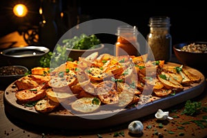 Superior view of crispy chips and non cooked potatoes on the wooden boa photo
